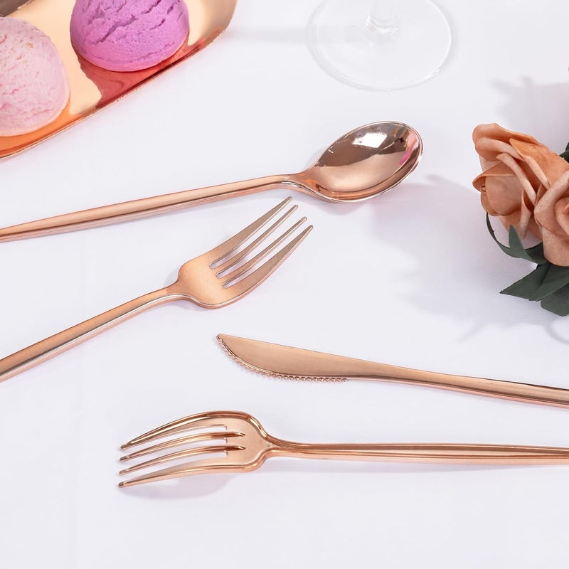 PULOTE 150PCS Rose Gold Plastic Silverware Set - Heavy Duty Rose Gold Utensils - Plastic Cutlery Disposable - Include 50 Forks, 50 Knives, 50 Spoons for Party & Wedding - Image 4
